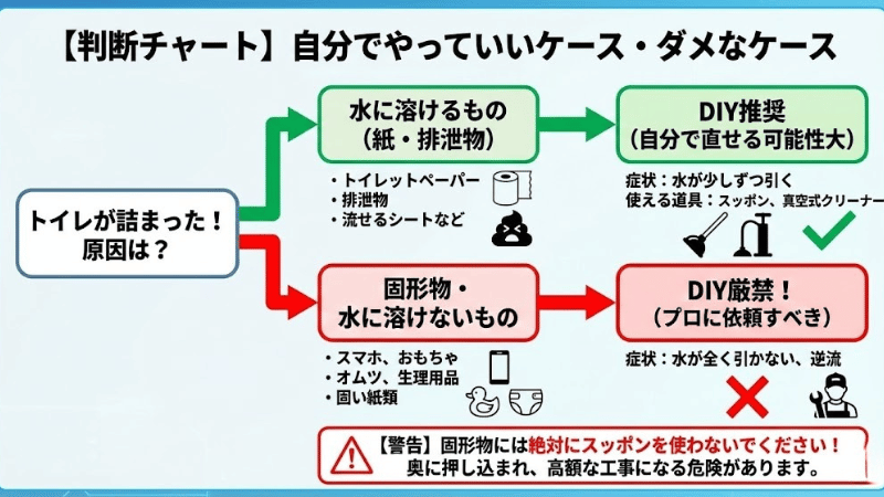 【判断チャート】自分でトイレつまり修理をやっていいケース・ダメなケース