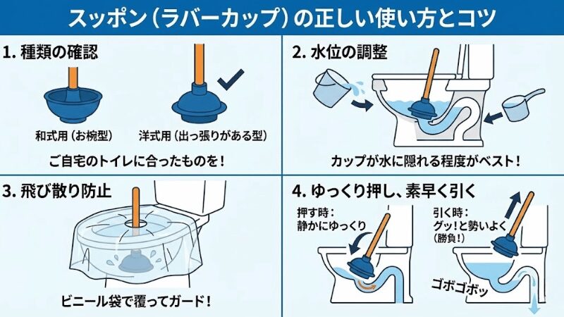 トイレ詰まりでスッポン（ラバーカップ）の正しい使い方とコツ