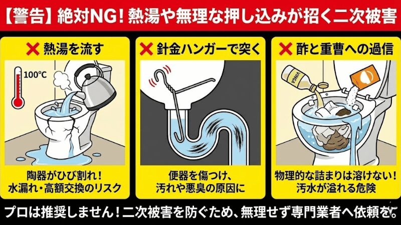 【警告】トイレつまり修理絶対NG！熱湯や無理な押し込みが招く二次被害