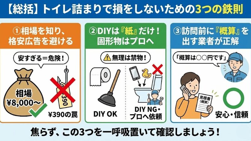 【総括】トイレ詰まりで損をしないための3つの鉄則