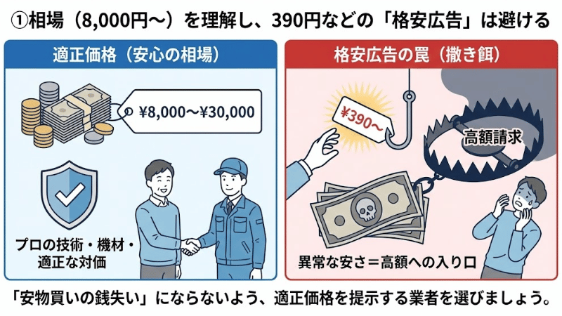 相場（8,000円〜）を理解し、390円などの「格安広告」は避ける