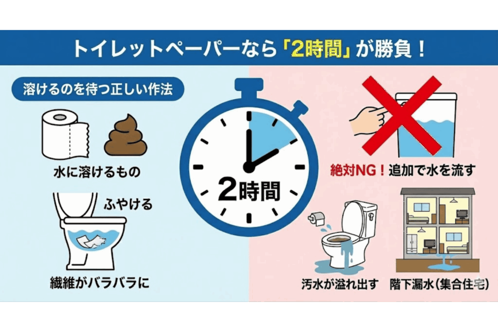 トイレットペーパーなら2時間が勝負のイラスト