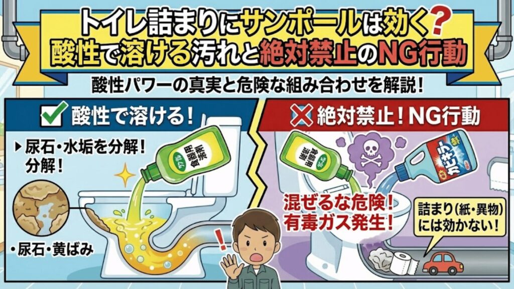 尿石によるトイレ汚れにサンポールで解決するイラスト