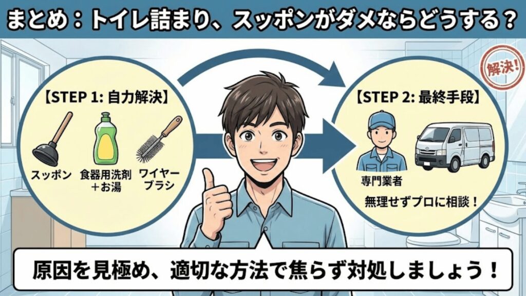 トイレトラブルを解決して安心しているイメージ