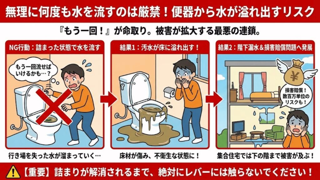 何度も水を流すのはNG行動のイラスト