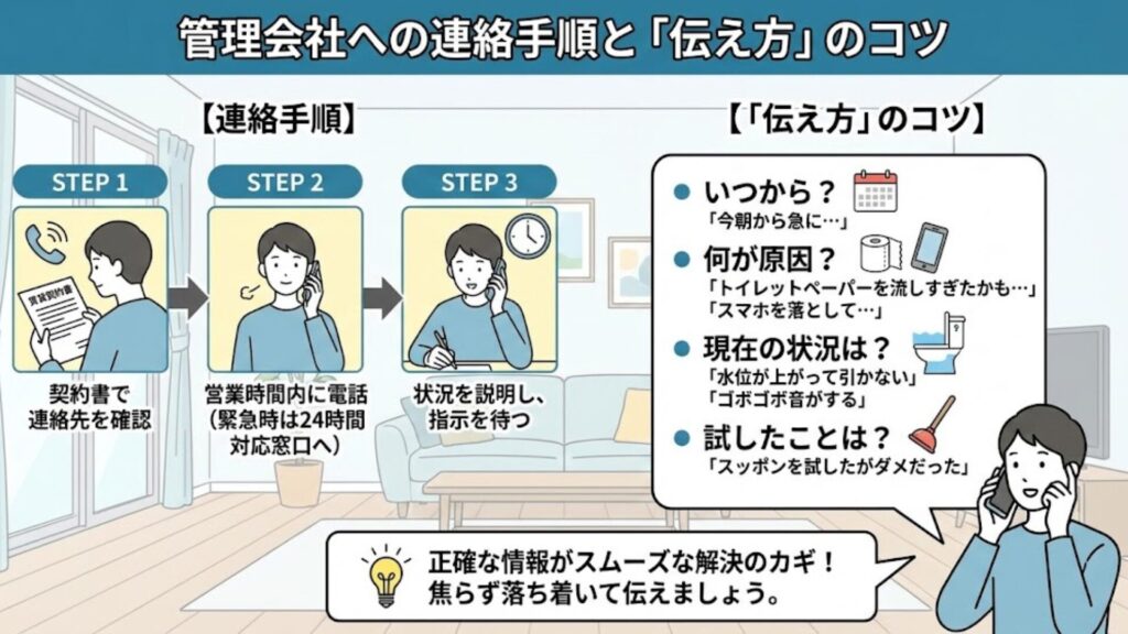 管理会社に電話で状況を伝えているイメージ