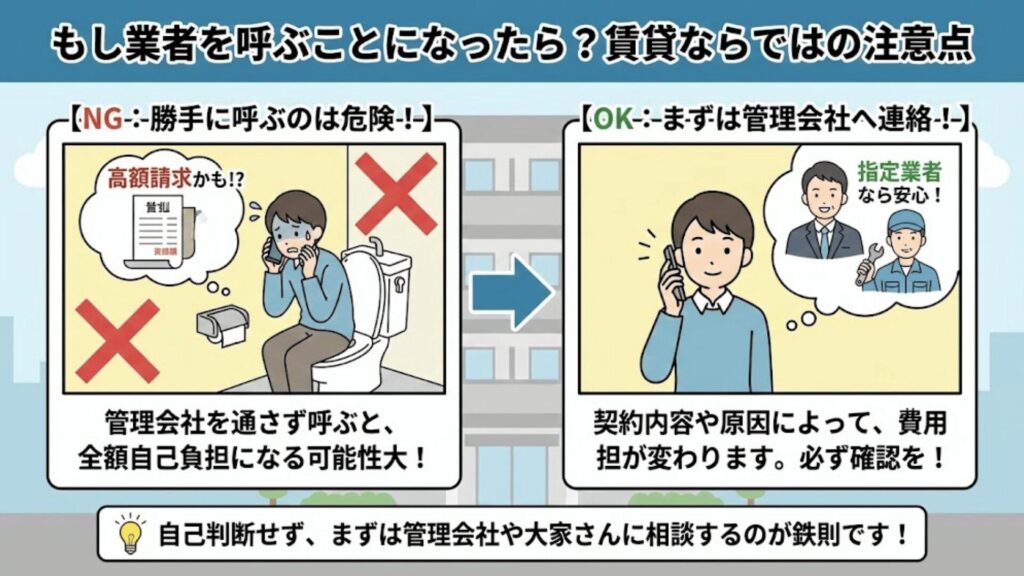 業者を呼ぶ際に注意すべきポイントを確認しているイメージ