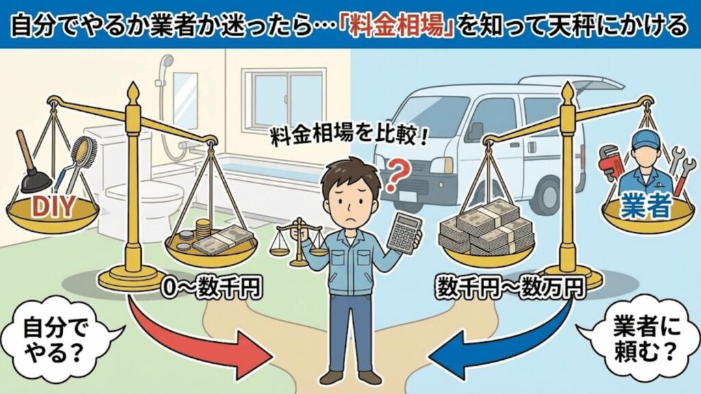 自分で修理する手間と業者の料金を天秤にかけて比較しているイメージ
