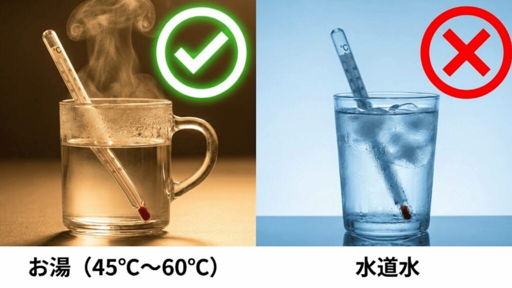 お湯の熱でトイレットペーパーがふやけてほぐれやすくなるイメージ