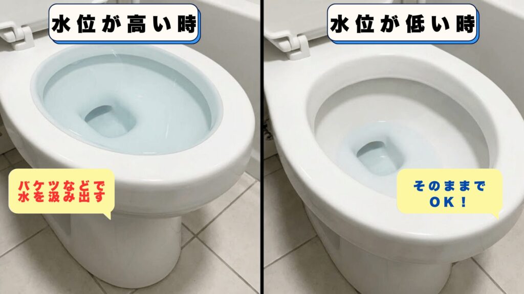 灯油ポンプやカップを使って便器内の水位を調整している様子