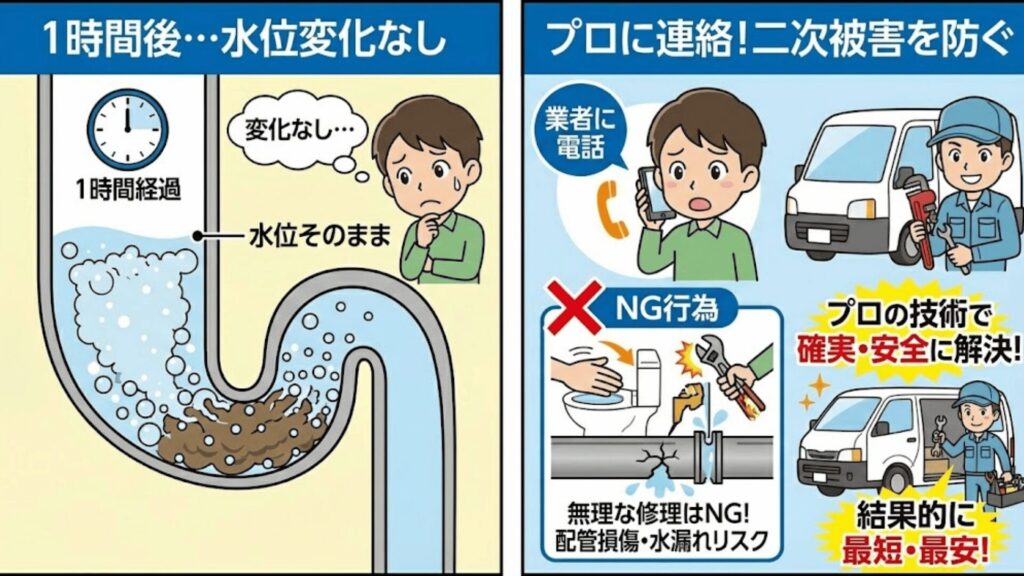 1時間たっても水位が下がらない場合の対処法のイラスト
