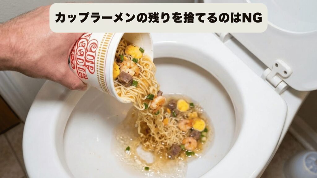 カップラーメンの残り汁や油分が排水管で固まるイメージ