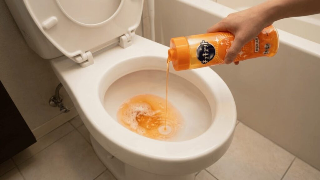 計量カップに入った約100mlの食器用洗剤を便器に注いでいる様子