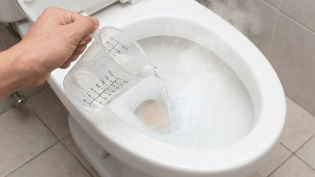 便器に45〜60℃のぬるま湯をゆっくり注いでいる様子