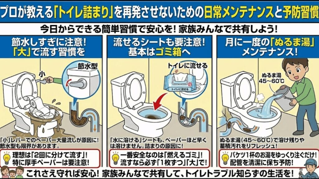 トイレ詰まりを予防する日々のメンテナンスのイラスト