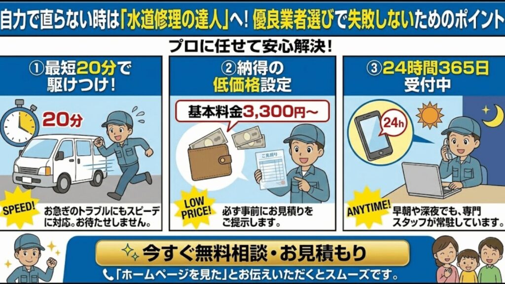 自力で治らない場合の業者選びのポイントのイラスト