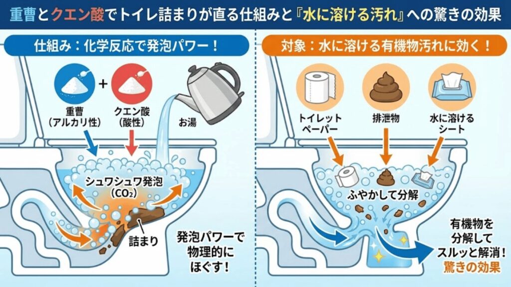 重曹とクエン酸で詰まりを解除のイラスト