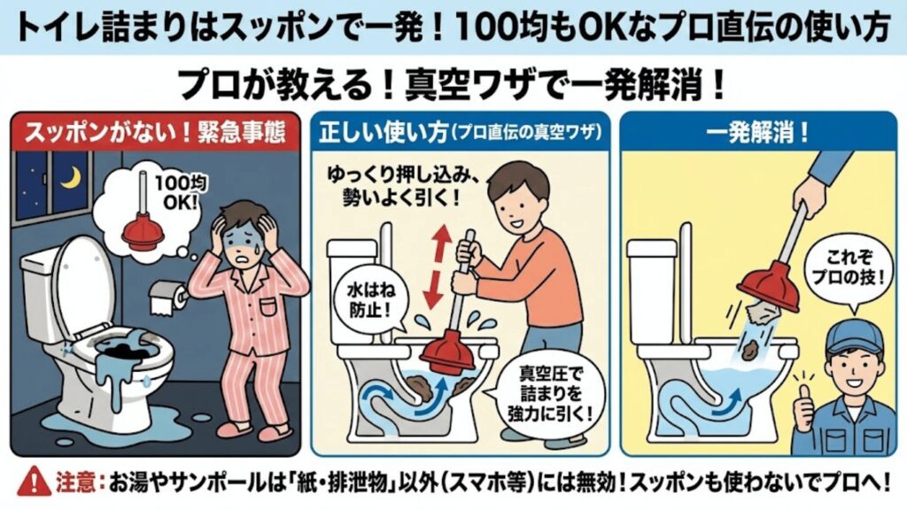トイレ詰まりをスッポンで解決しているイラスト