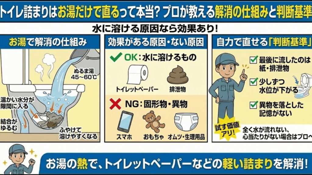 水に溶けないもの（固形物）はお湯でも解決できないイラスト