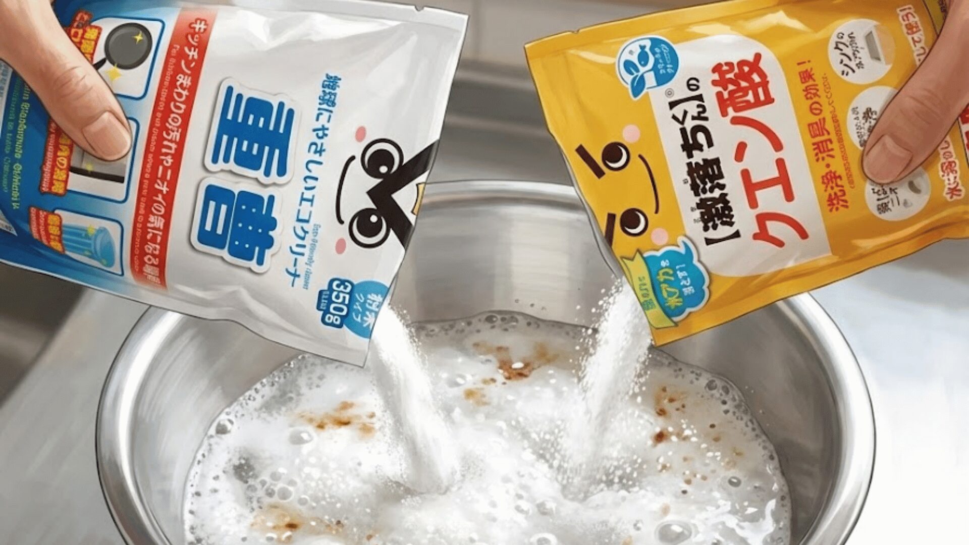 重曹とクエン酸にお湯をかけて発泡させている様子