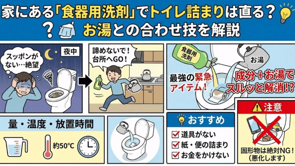食器用洗剤でトイレ詰まりを治すイラスト