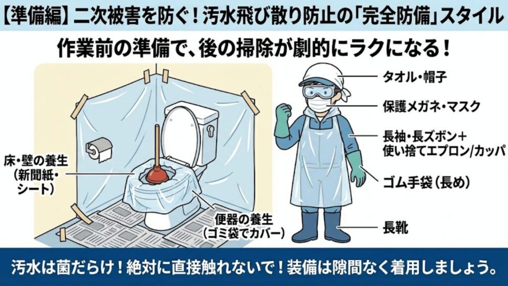 二次被害を防ぐ服装などの準備を説明しているイラスト