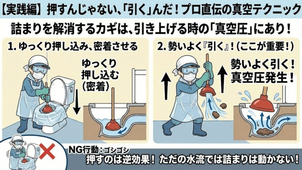 スッポンを押すよりも引くことが重要なことを説明しているイラスト