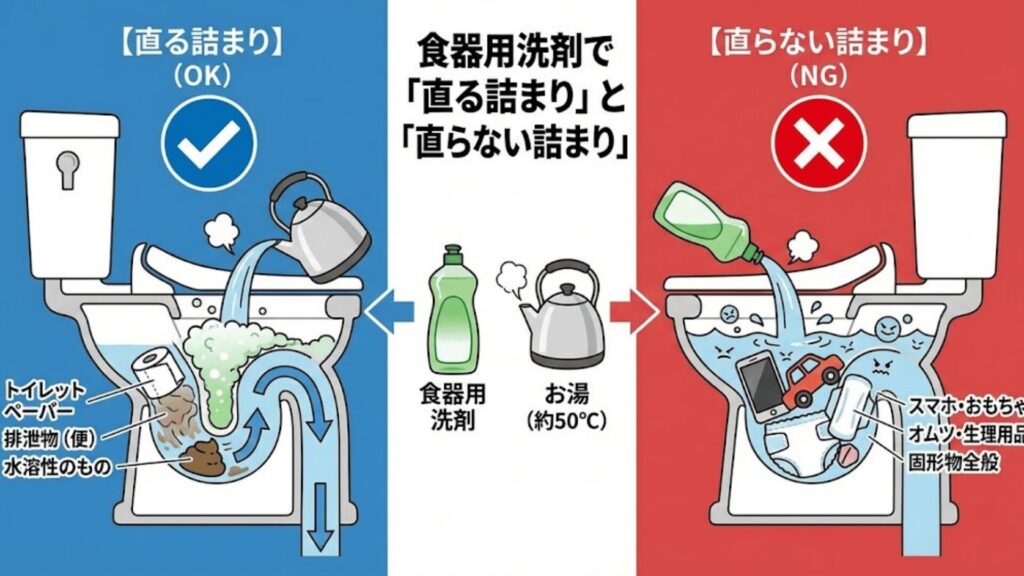 食器用洗剤でなおせる詰まりと治せない詰まりのイラスト