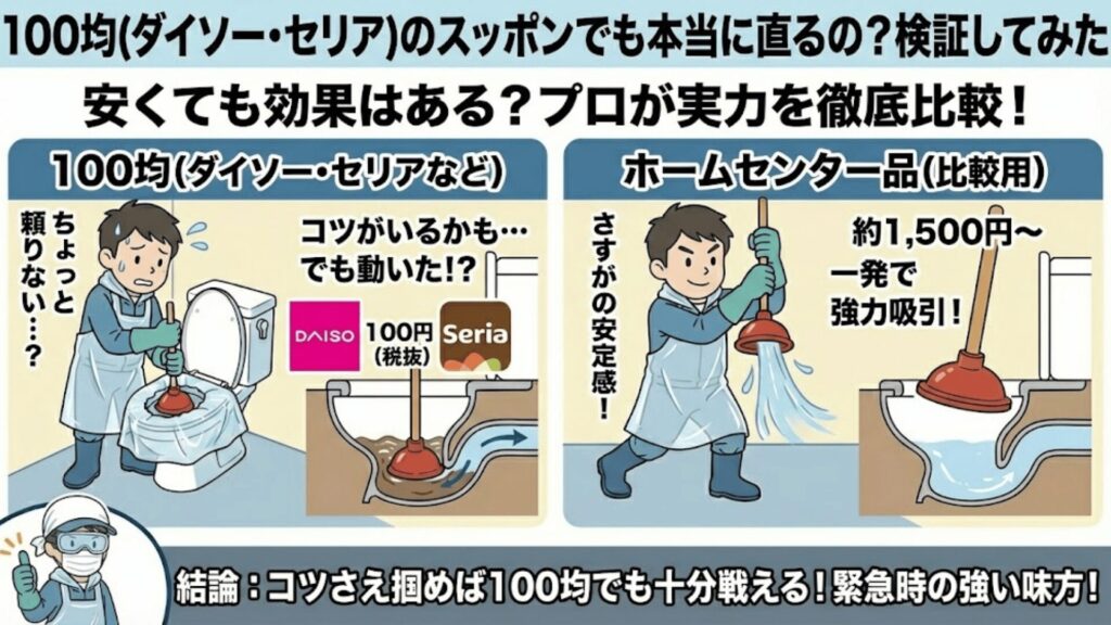 100均とホームセンター品のスッポンを比較しているイラスト