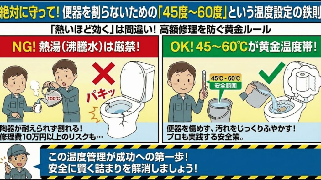 熱湯を便器に注ぐのはNGのイラスト