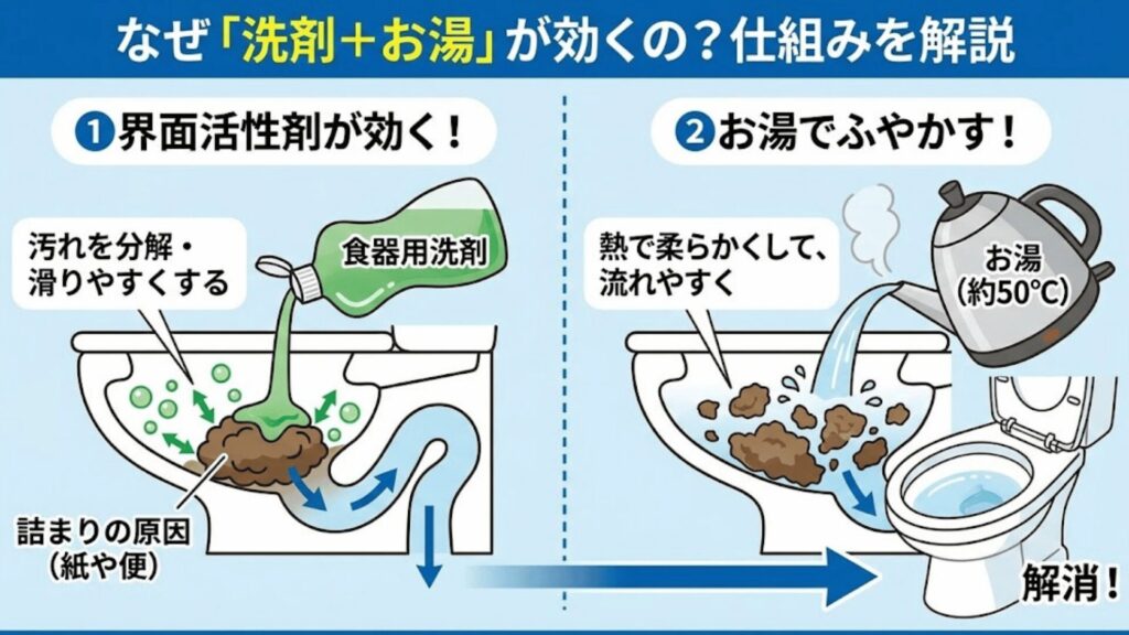 なぜ洗剤+お湯で詰まりが解消されるかのイラスト