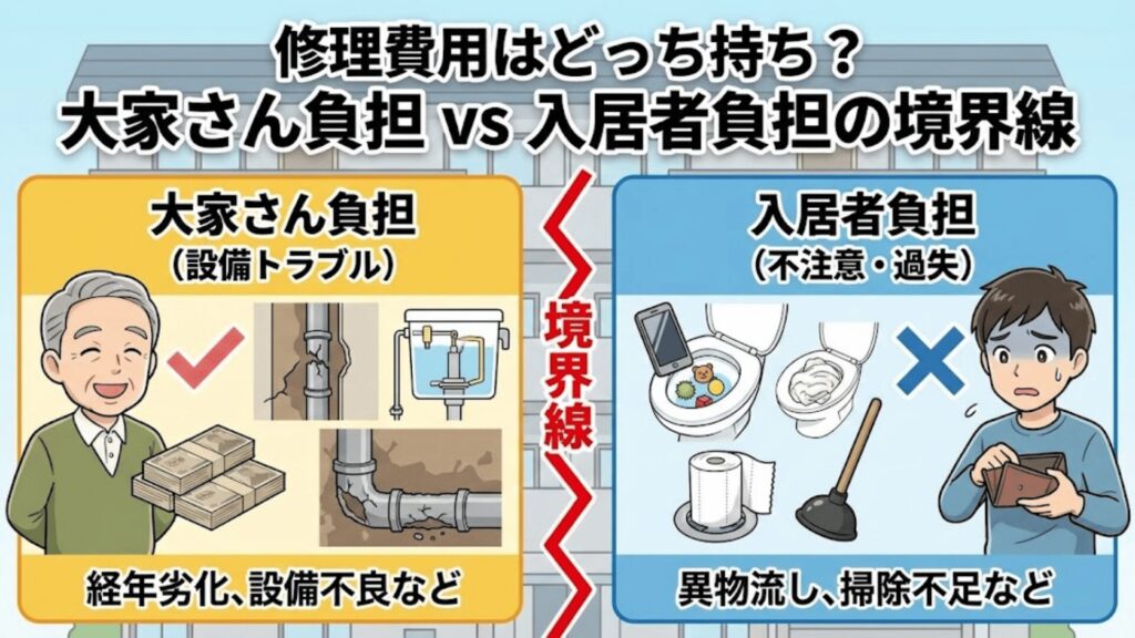 修理費用が自己負担か大家さん負担か悩んでいるイメージ