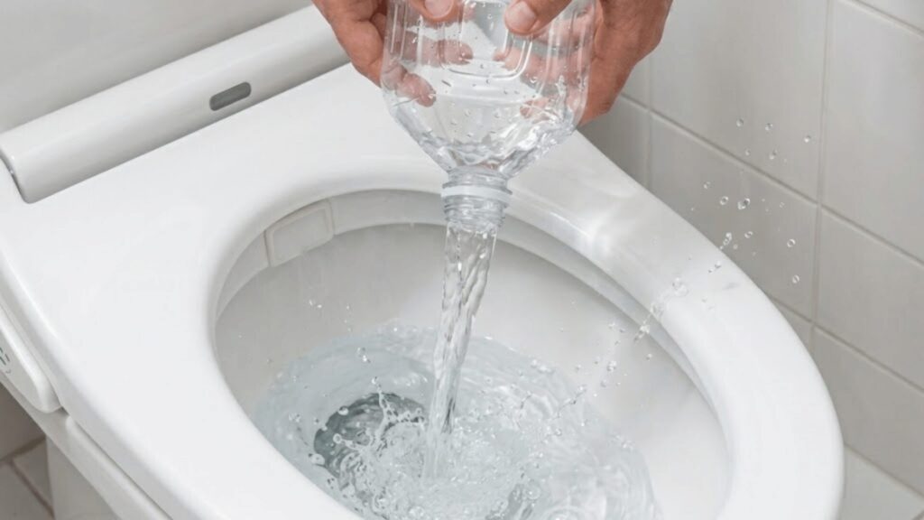 ペットボトルで少しずつ水を流して詰まりが抜けたか確認するイメージ