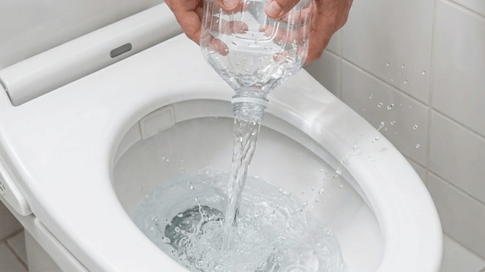 バケツの水を高い位置から少しずつ便器へ流して詰まり解消を確認している様子