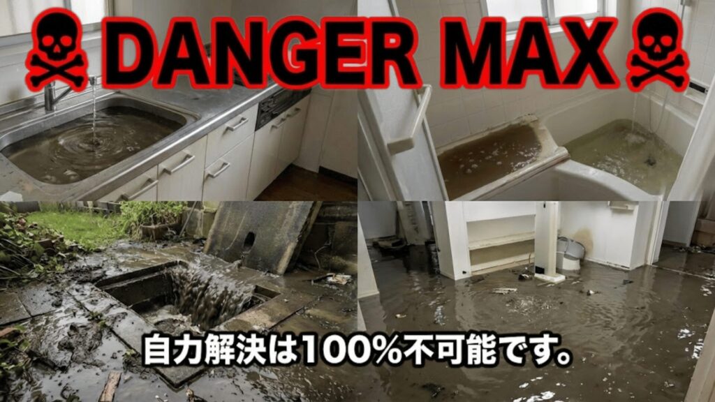 排水管トラブルで屋外の排水マスから水が溢れている様子