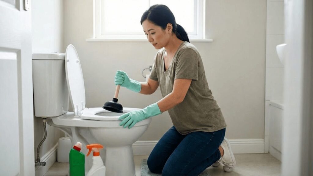 女性がスッポンでトイレ詰まりを掃除している写真
