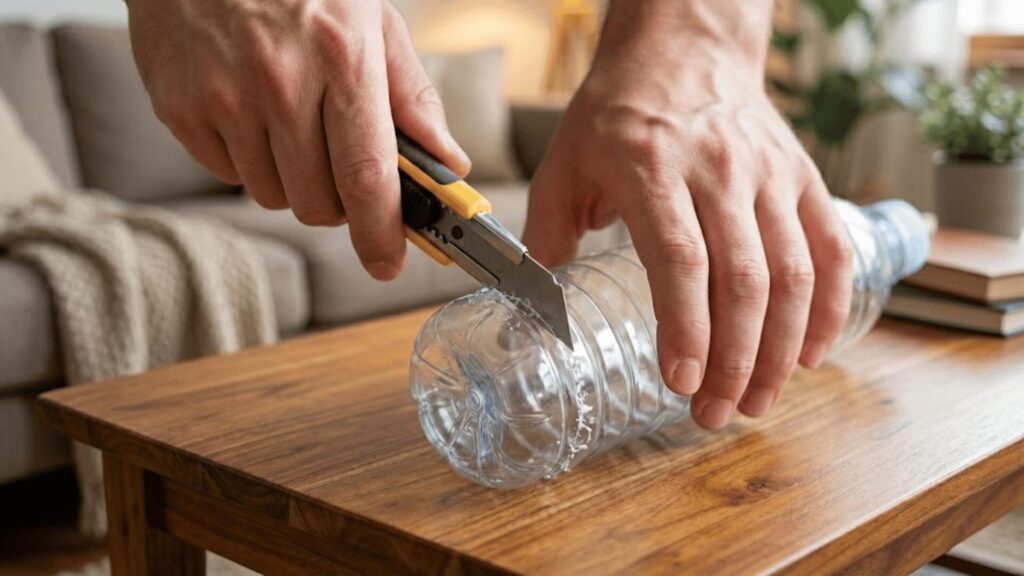 ペットボトルの底をカットして簡易スッポンを作っているイメージ