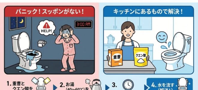 重曹とクエン酸でトイレ詰まりを解消するイラスト