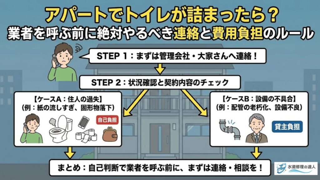 アパートでトイレ詰まりが起こった時のルールのイラスト