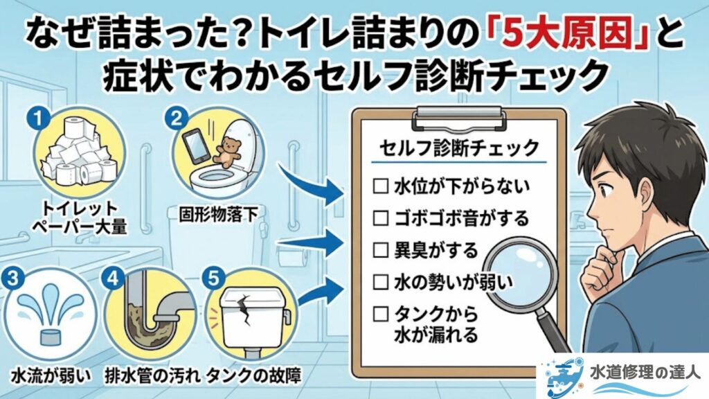 トイレ詰まりの5大原因のイラスト